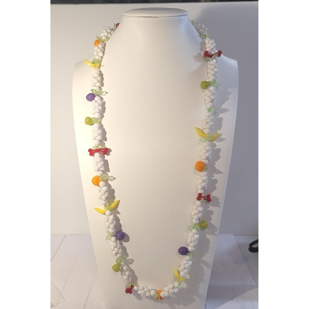 Vintage Fruit Salad Plastic Popcorn Beaded Necklace Apples Cherries Bananas Plum